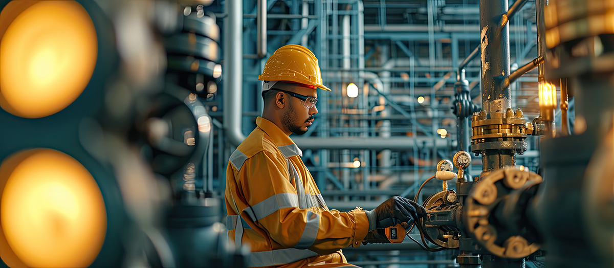 Marine engineer inspecting valve and pipe system onboard vessel